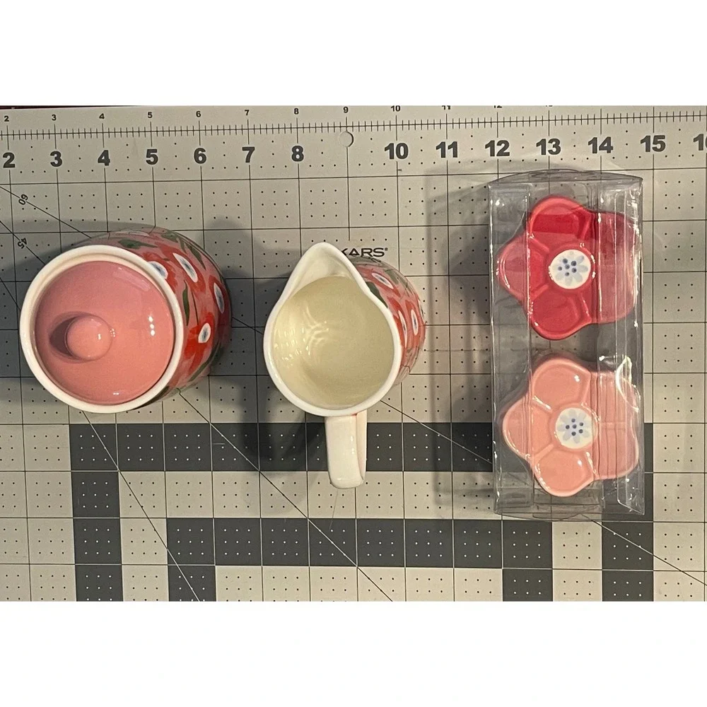 Pink Floral Cream Sugar Set with Flower Salt Pepper Shakers 4pc